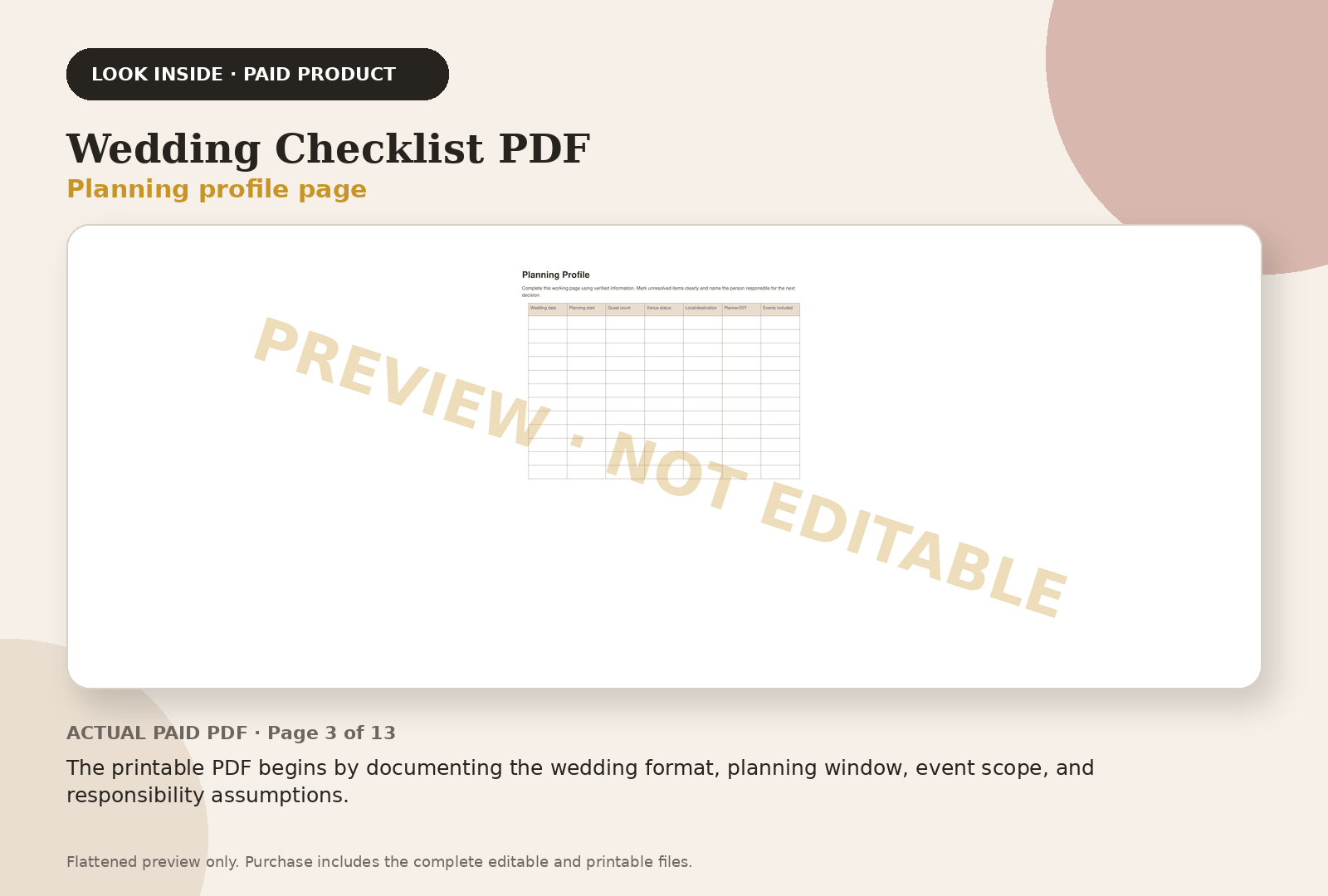 Wedding Checklist PDF paid product preview showing planning profile page