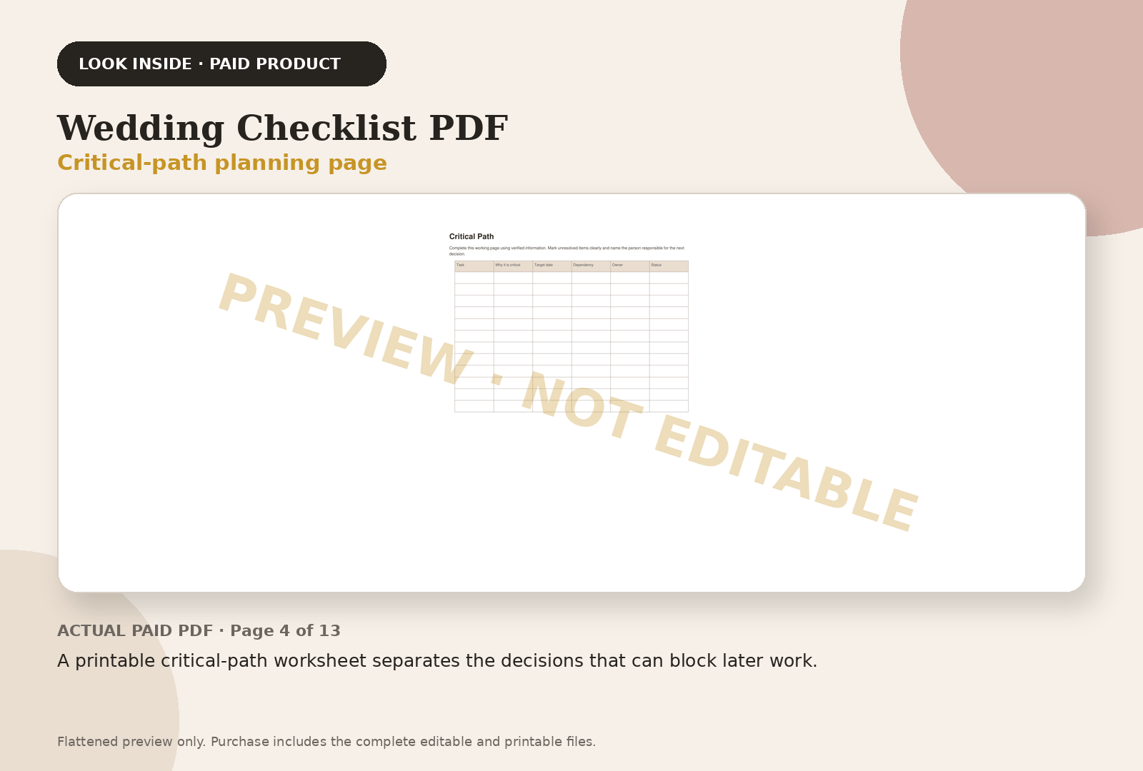 Wedding Checklist PDF paid product preview showing critical-path planning page