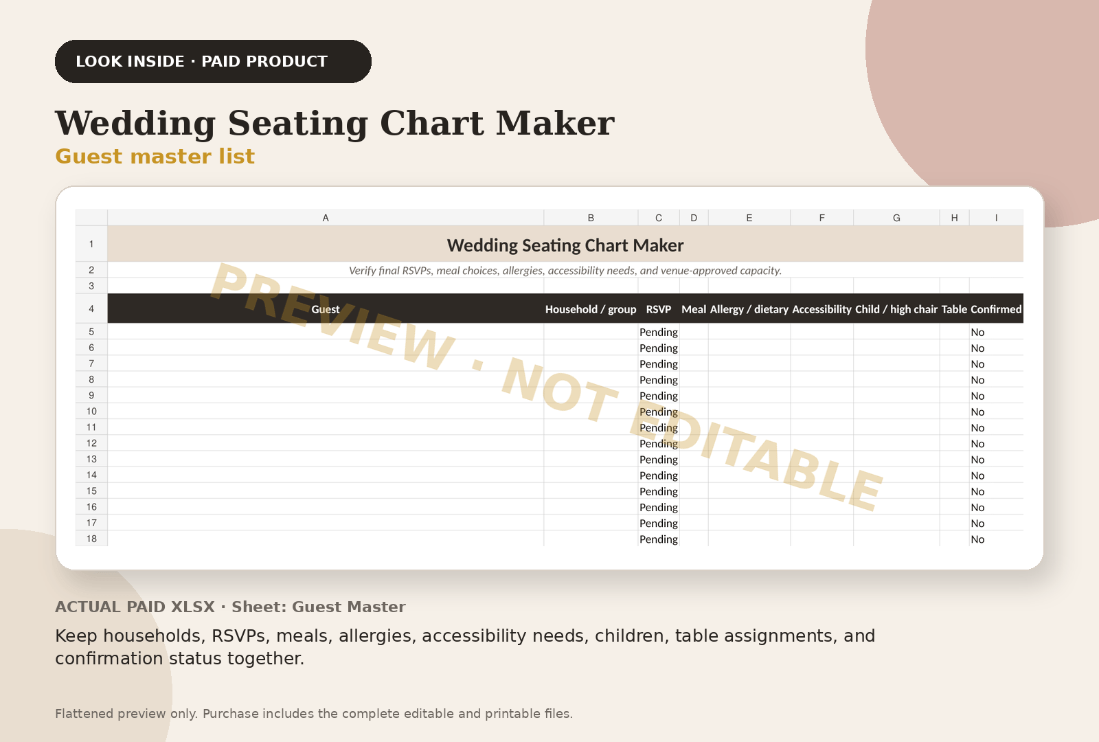 Wedding Seating Chart Maker paid product preview showing guest master list
