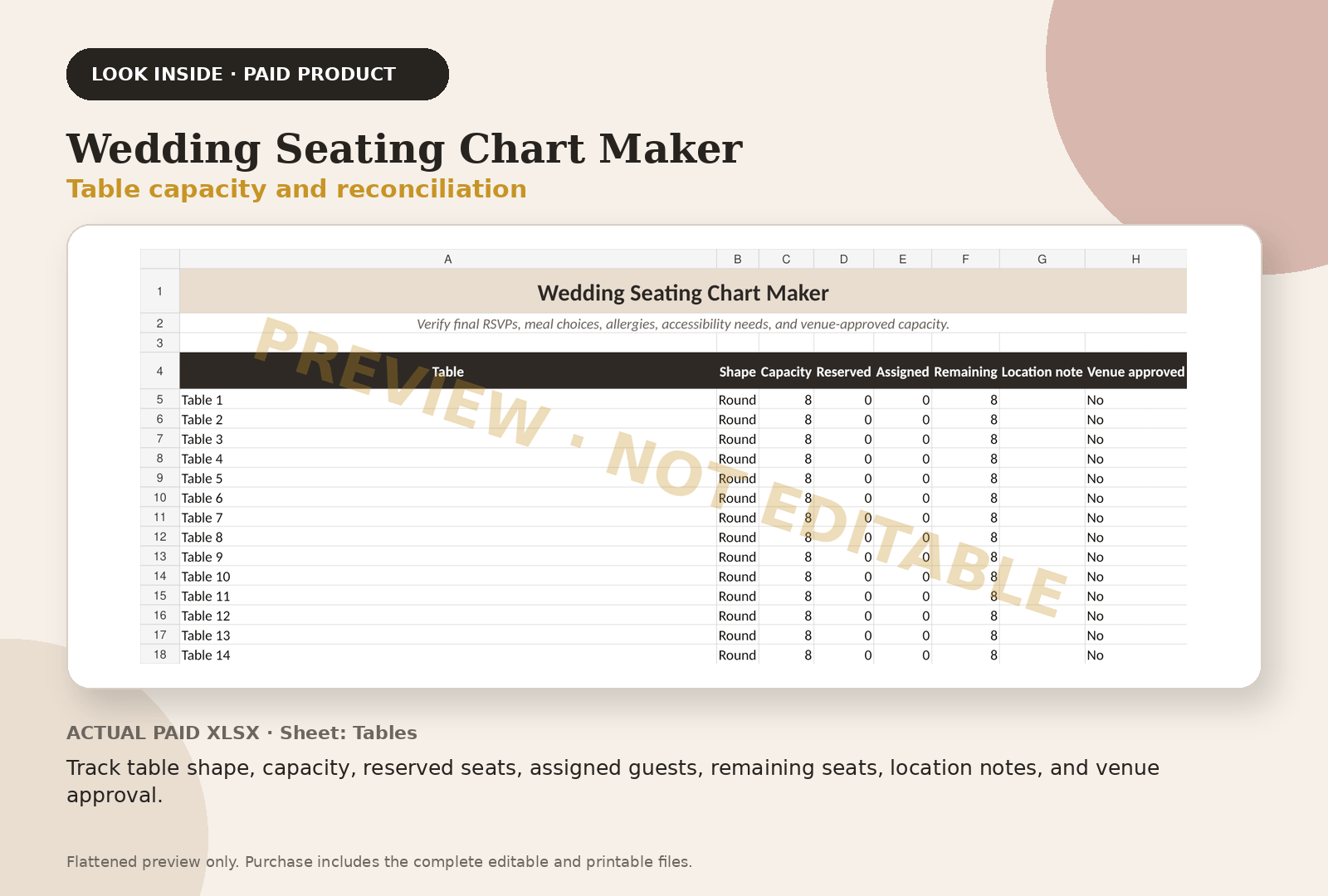 Wedding Seating Chart Maker paid product preview showing table capacity and reconciliation