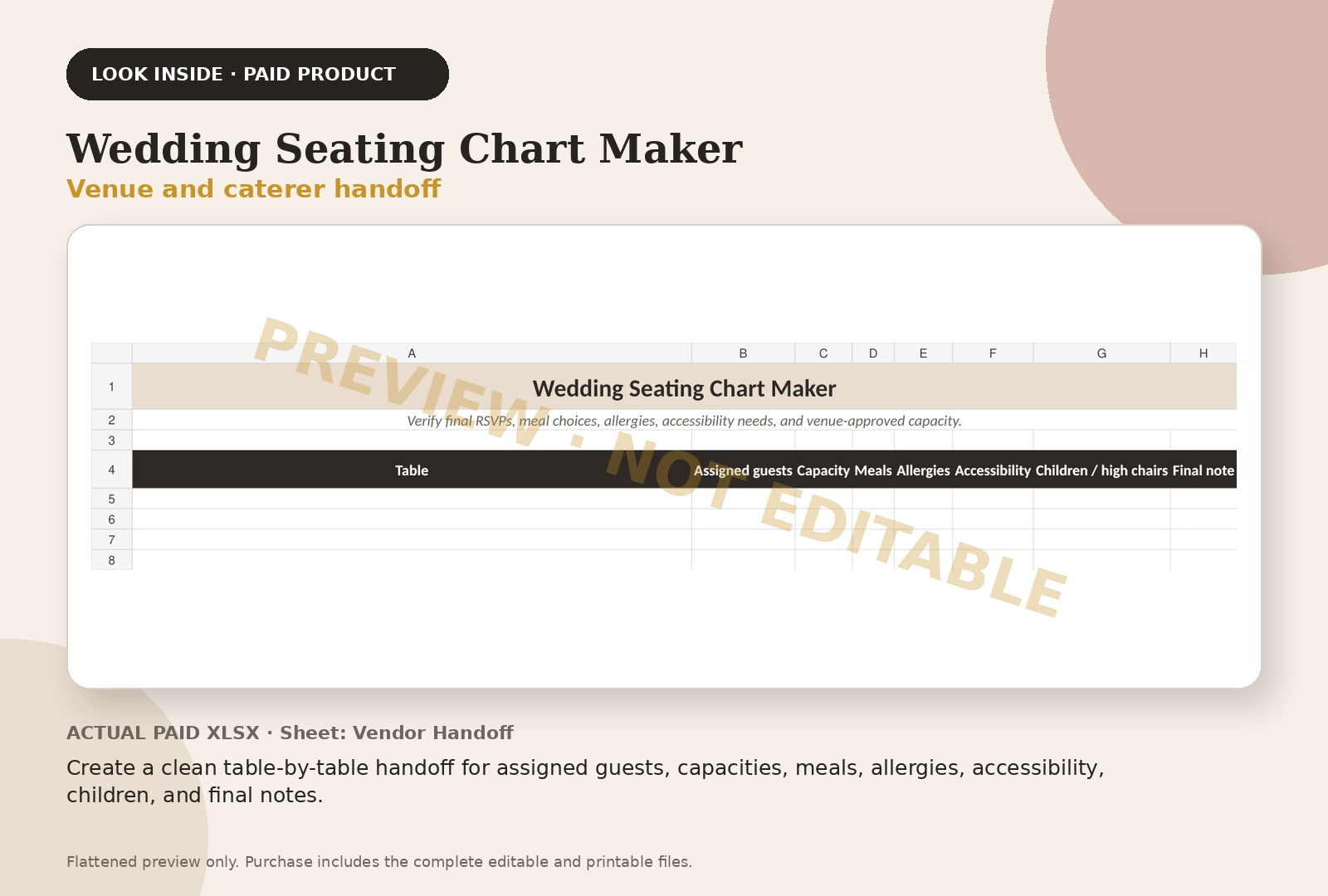 Wedding Seating Chart Maker paid product preview showing venue and caterer handoff