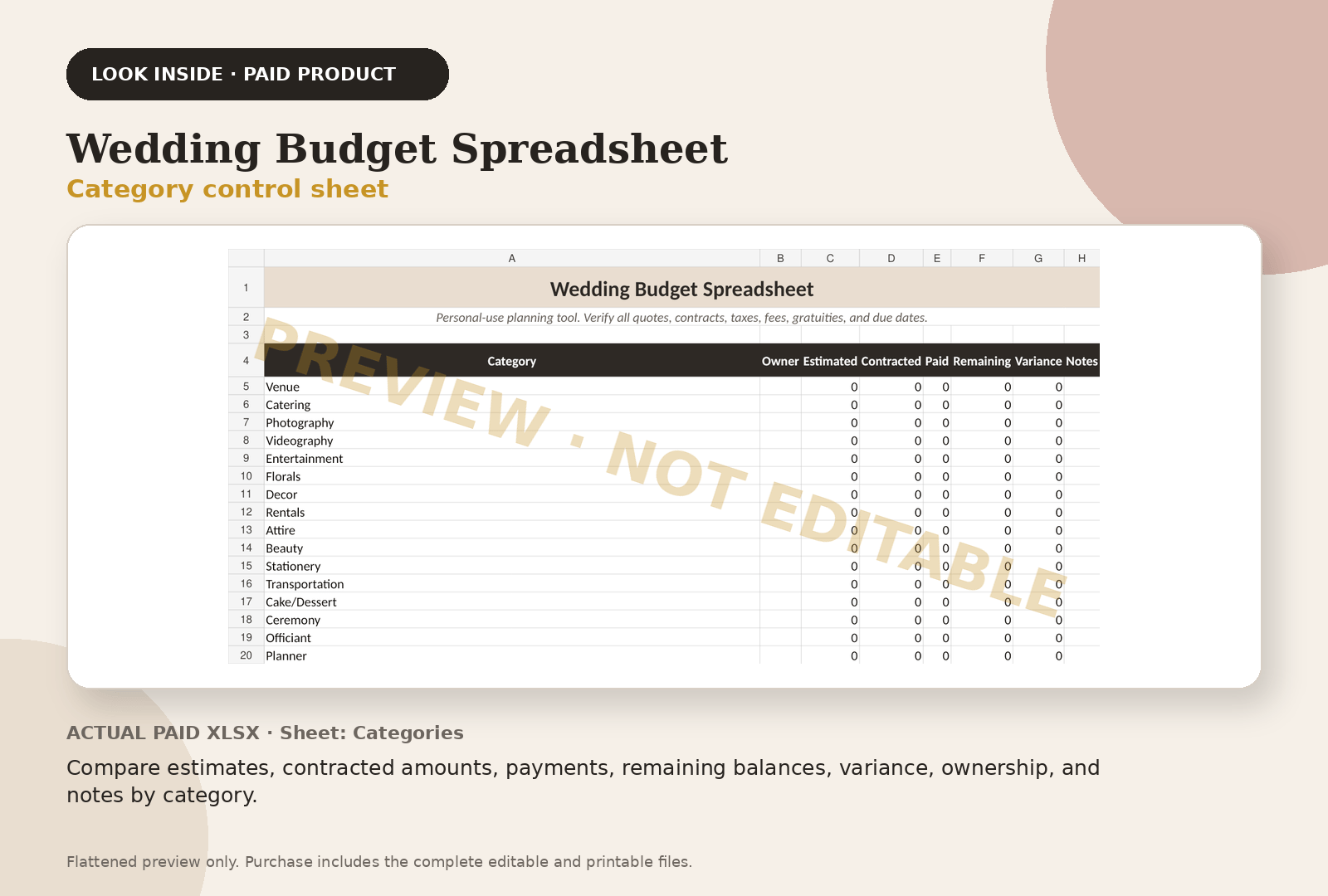 Wedding Budget Spreadsheet paid product preview showing category control sheet