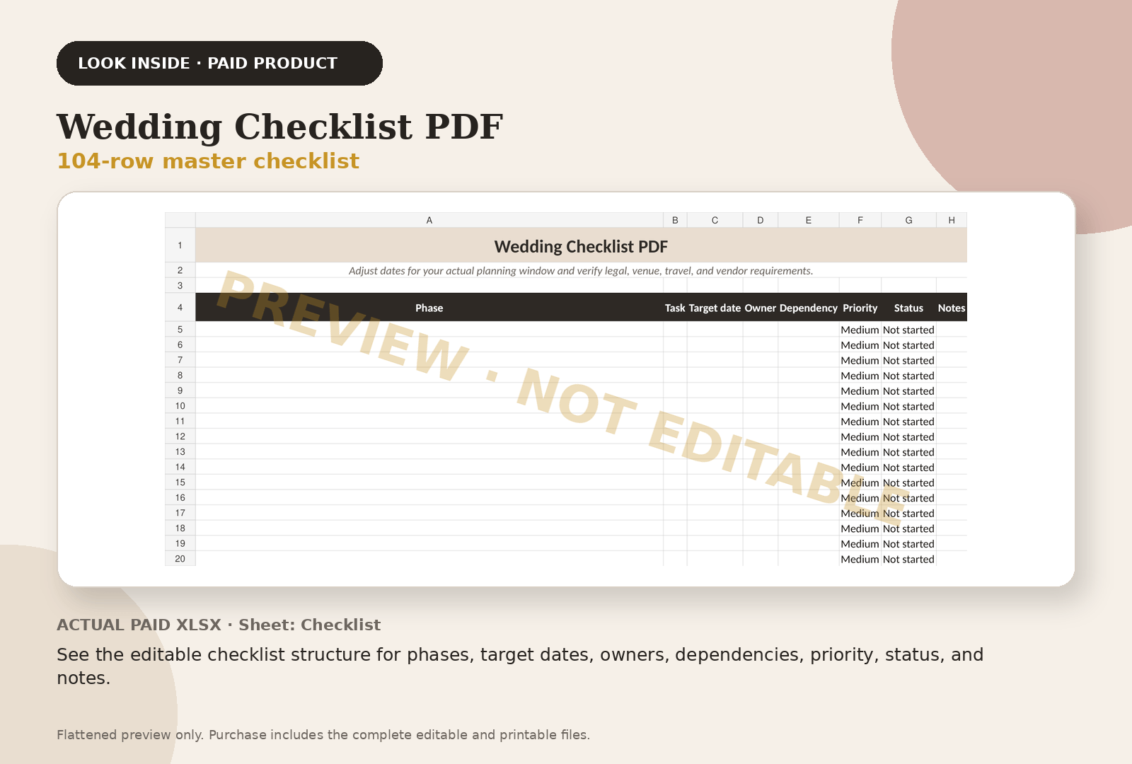 Wedding Checklist PDF paid product preview showing 104-row master checklist