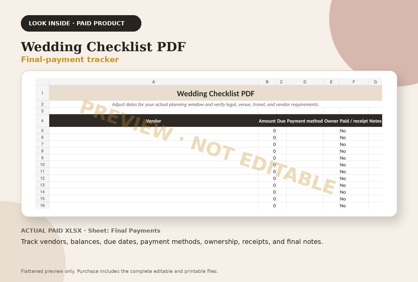 Wedding Checklist PDF paid product preview showing final-payment tracker