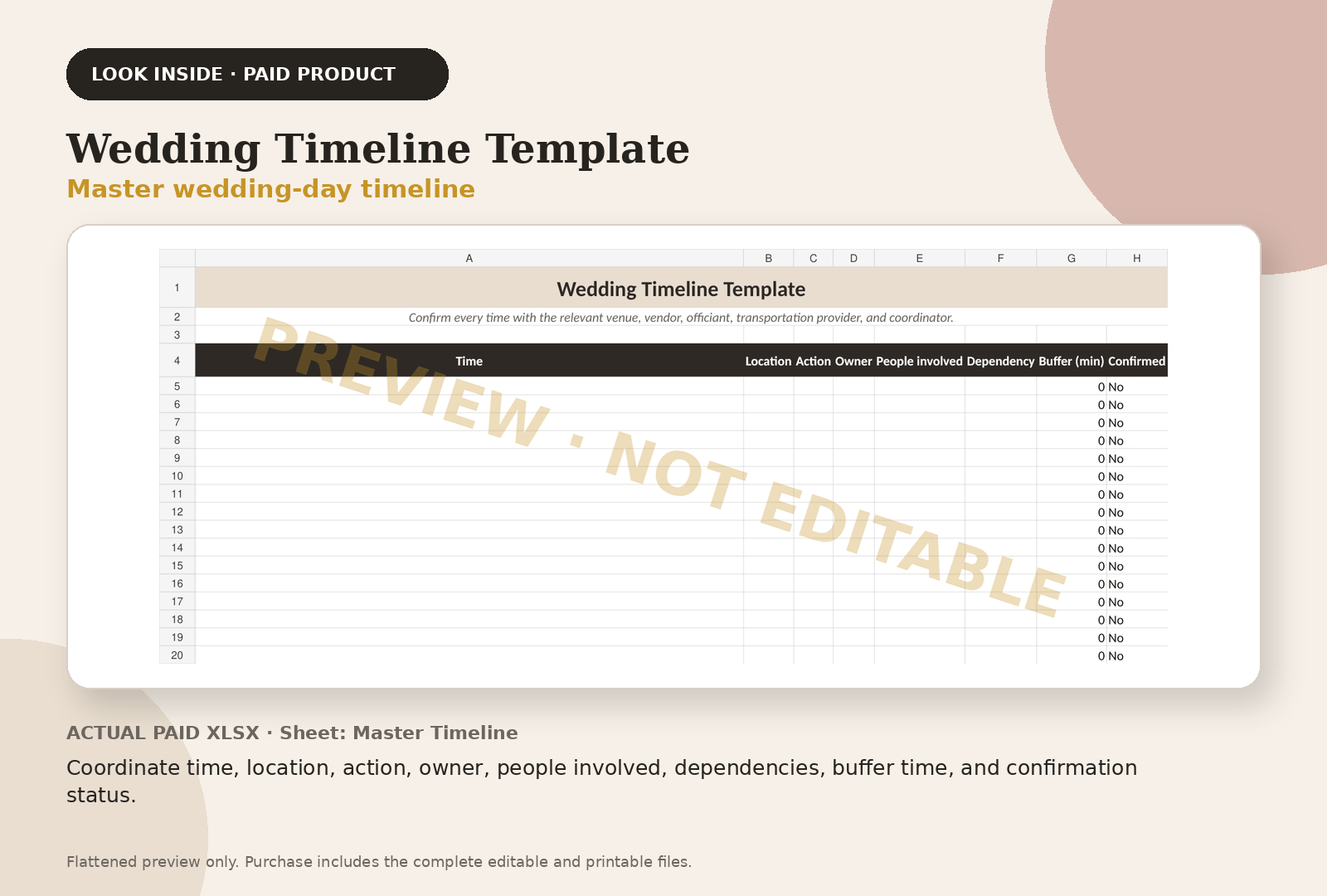 Wedding Timeline Template paid product preview showing master wedding-day timeline