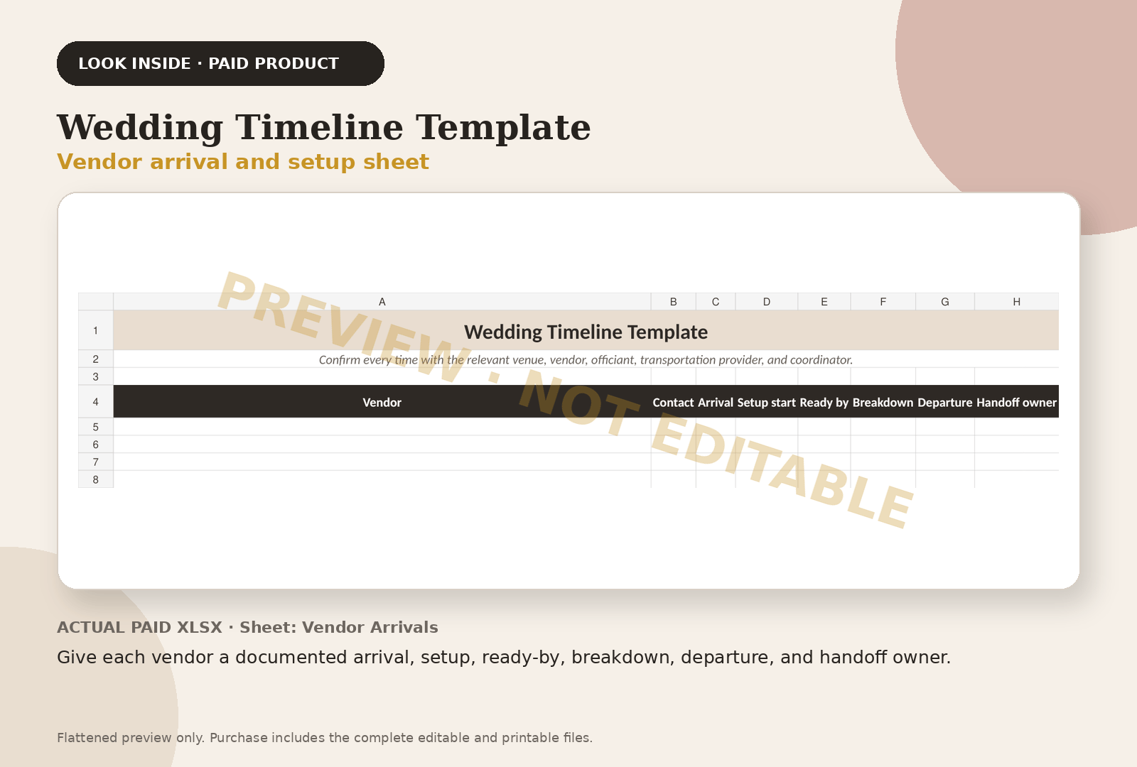 Wedding Timeline Template paid product preview showing vendor arrival and setup sheet