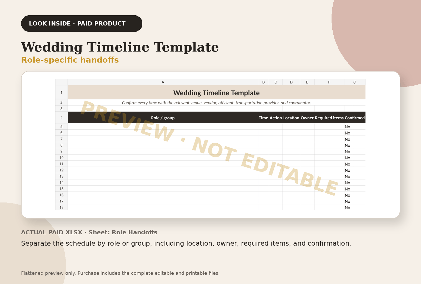 Wedding Timeline Template paid product preview showing role-specific handoffs